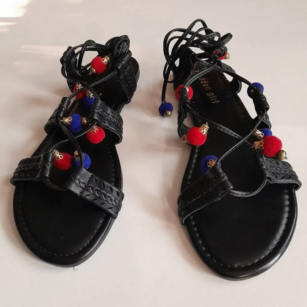 Madden Girl Women's Baliee Flat Sandal, Black Paris, 7.5 US ok